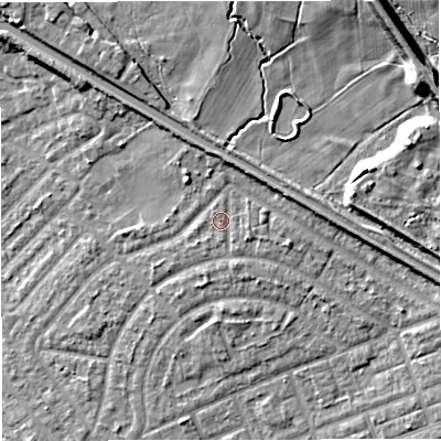 Shaded relief map of the ground around M308HL, computed from Environment Agency LiDAR. The ground here sits at about 24 m above sea level and falls 16 m across the surrounding 800 m. Surface water reaching this point runs off ground lying to the east-south-east, 1.0 m higher.