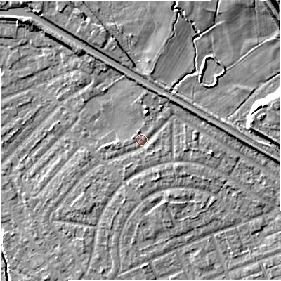 Shaded relief map of the ground around M308HN, computed from Environment Agency LiDAR. The ground here sits at about 23 m above sea level and falls 17 m across the surrounding 800 m. Surface water reaching this point runs off ground lying to the east-north-east, 3.7 m higher.