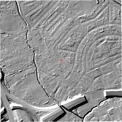 Shaded relief map of the ground around M308HP, computed from Environment Agency LiDAR. The ground here sits at about 21 m above sea level and falls 12 m across the surrounding 800 m. Surface water reaching this point runs off ground lying to the north-north-east, 5.1 m higher.