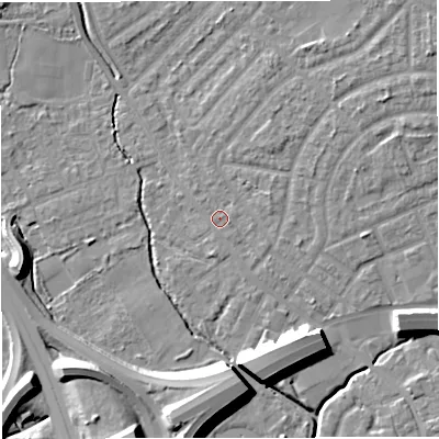 Shaded relief map of the ground around M308HQ, computed from Environment Agency LiDAR. The ground here sits at about 21 m above sea level and falls 12 m across the surrounding 800 m. Surface water reaching this point runs off ground lying to the east-south-east, 0.7 m higher.