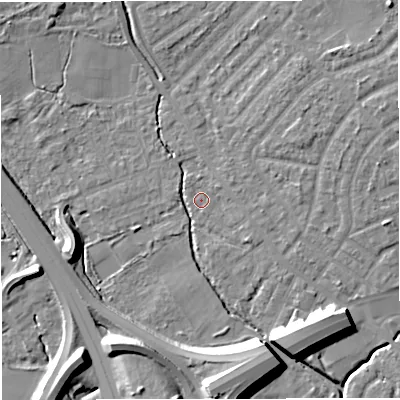 Shaded relief map of the ground around M308HR, computed from Environment Agency LiDAR. The ground here sits at about 20 m above sea level and falls 12 m across the surrounding 800 m. Surface water reaching this point runs off ground lying to the south-south-east, 11.4 m higher.