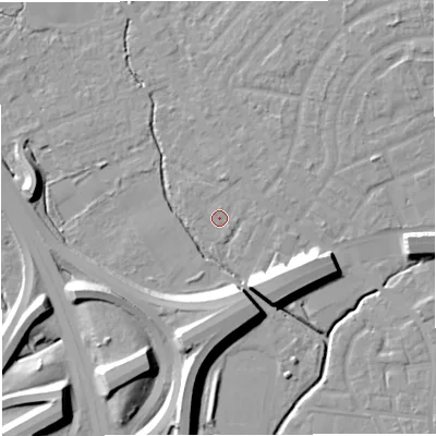 Shaded relief map of the ground around M308HT, computed from Environment Agency LiDAR. The ground here sits at about 20 m above sea level and falls 13 m across the surrounding 800 m. Surface water reaching this point runs off ground lying to the north, 1.1 m higher.