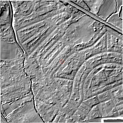 Shaded relief map of the ground around M308HW, computed from Environment Agency LiDAR. The ground here sits at about 22 m above sea level and falls 10 m across the surrounding 800 m. Surface water reaching this point runs off ground lying to the north-east, 4.8 m higher.