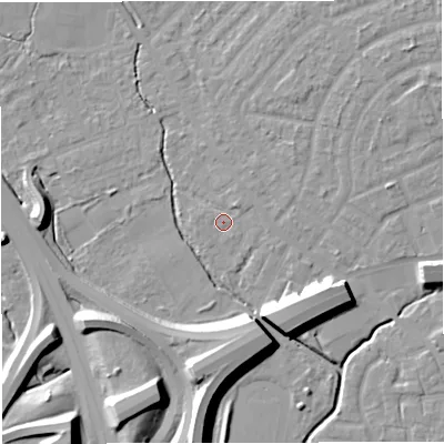 Shaded relief map of the ground around M308HX, computed from Environment Agency LiDAR. The ground here sits at about 21 m above sea level and falls 12 m across the surrounding 800 m. Surface water reaching this point runs off ground lying to the west-south-west, 0.8 m higher.
