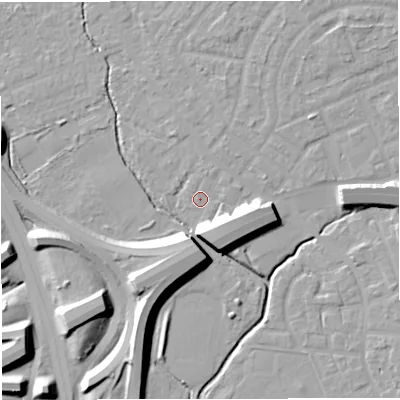 Shaded relief map of the ground around M308HY, computed from Environment Agency LiDAR. The ground here sits at about 20 m above sea level and falls 13 m across the surrounding 800 m. Surface water reaching this point runs off ground lying to the south-south-east, 9.1 m higher.