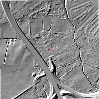 Shaded relief map of the ground around M308JG, computed from Environment Agency LiDAR. The ground here sits at about 20 m above sea level and falls 11 m across the surrounding 800 m. Surface water reaching this point runs off ground lying to the south, 8.8 m higher.