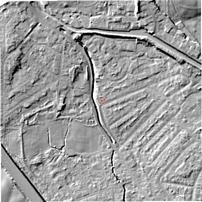 Shaded relief map of the ground around M308JH, computed from Environment Agency LiDAR. The ground here sits at about 22 m above sea level and falls 15 m across the surrounding 800 m. Surface water reaching this point runs off ground lying to the north-west, 9.2 m higher.