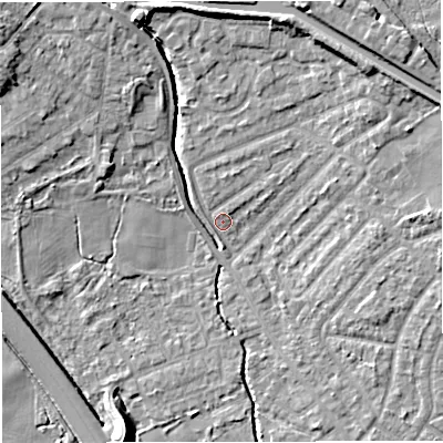 Shaded relief map of the ground around M308JJ, computed from Environment Agency LiDAR. The ground here sits at about 21 m above sea level and falls 10 m across the surrounding 800 m. Surface water reaching this point runs off ground lying to the north-north-east, 7.3 m higher.