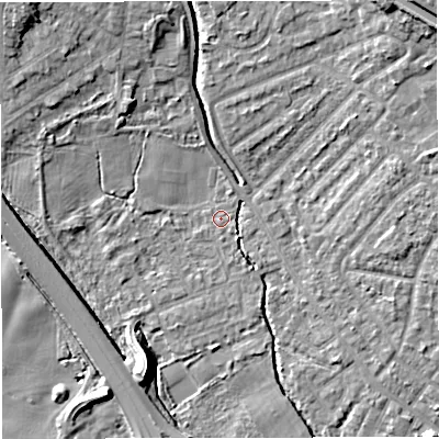Shaded relief map of the ground around M308JL, computed from Environment Agency LiDAR. The ground here sits at about 20 m above sea level and falls 10 m across the surrounding 800 m. Surface water reaching this point runs off ground lying to the south-south-west, 8.8 m higher.