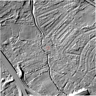 Shaded relief map of the ground around M308JN, computed from Environment Agency LiDAR. The ground here sits at about 20 m above sea level and falls 11 m across the surrounding 800 m. Surface water reaching this point runs off ground lying to the south, 0.9 m higher.
