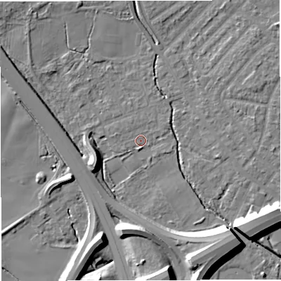 Shaded relief map of the ground around M308JP, computed from Environment Agency LiDAR. The ground here sits at about 20 m above sea level and falls 12 m across the surrounding 800 m. Surface water reaching this point runs off ground lying to the south-south-east, 11.4 m higher.