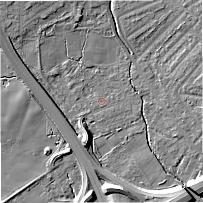 Shaded relief map of the ground around M308JQ, computed from Environment Agency LiDAR. The ground here sits at about 20 m above sea level and falls 12 m across the surrounding 800 m. Surface water reaching this point runs off ground lying to the south-east, 11.3 m higher.