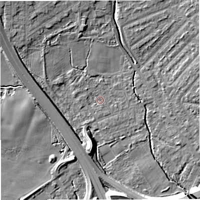 Shaded relief map of the ground around M308JR, computed from Environment Agency LiDAR. The ground here sits at about 20 m above sea level and falls 11 m across the surrounding 800 m. Surface water reaching this point runs off ground lying to the south-south-west, 8.9 m higher.
