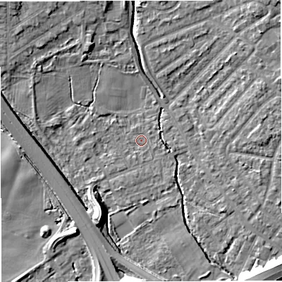 Shaded relief map of the ground around M308JS, computed from Environment Agency LiDAR. The ground here sits at about 20 m above sea level and falls 11 m across the surrounding 800 m. Surface water reaching this point runs off ground lying to the south, 0.9 m higher.