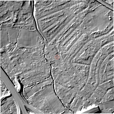 Shaded relief map of the ground around M308JT, computed from Environment Agency LiDAR. The ground here sits at about 20 m above sea level and falls 11 m across the surrounding 800 m. Surface water reaching this point runs off ground lying to the north-east, 5.6 m higher.
