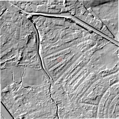 Shaded relief map of the ground around M308JU, computed from Environment Agency LiDAR. The ground here sits at about 21 m above sea level and falls 14 m across the surrounding 800 m. Surface water reaching this point runs off ground lying to the north-north-east, 6.1 m higher.