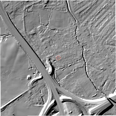 Shaded relief map of the ground around M308JW, computed from Environment Agency LiDAR. The ground here sits at about 20 m above sea level and falls 12 m across the surrounding 800 m. Surface water reaching this point runs off ground lying to the south-south-west, 10.1 m higher.