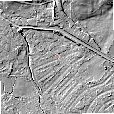 Shaded relief map of the ground around M308JX, computed from Environment Agency LiDAR. The ground here sits at about 22 m above sea level and falls 16 m across the surrounding 800 m. Surface water reaching this point runs off ground lying to the north-north-west, 1.0 m higher.