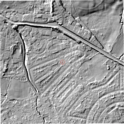 Shaded relief map of the ground around M308JZ, computed from Environment Agency LiDAR. The ground here sits at about 22 m above sea level and falls 15 m across the surrounding 800 m. Surface water reaching this point runs off ground lying to the north, 5.8 m higher.