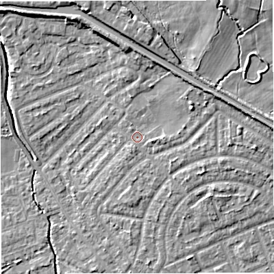Shaded relief map of the ground around M308LD, computed from Environment Agency LiDAR. The ground here sits at about 22 m above sea level and falls 10 m across the surrounding 800 m. Surface water reaching this point runs off ground lying to the east-north-east, 3.8 m higher.