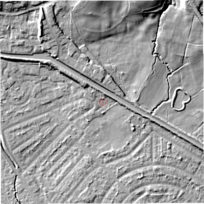 Shaded relief map of the ground around M308LG, computed from Environment Agency LiDAR. The ground here sits at about 24 m above sea level and falls 19 m across the surrounding 800 m. Surface water reaching this point runs off ground lying to the north-north-east, 2.9 m higher.