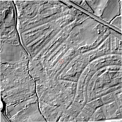 Shaded relief map of the ground around M308LH, computed from Environment Agency LiDAR. The ground here sits at about 22 m above sea level and falls 10 m across the surrounding 800 m. Surface water reaching this point runs off ground lying to the east-north-east, 2.5 m higher.