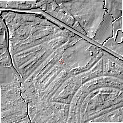 Shaded relief map of the ground around M308LJ, computed from Environment Agency LiDAR. The ground here sits at about 22 m above sea level and falls 11 m across the surrounding 800 m. Surface water reaching this point runs off ground lying to the east-north-east, 4.0 m higher.