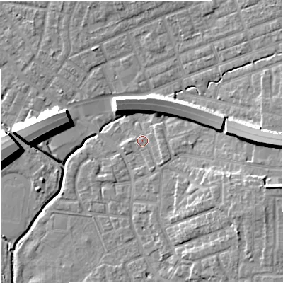 Shaded relief map of the ground around M308NJ, computed from Environment Agency LiDAR. The ground here sits at about 21 m above sea level and falls 14 m across the surrounding 800 m. Surface water reaching this point runs off ground lying to the east-south-east, 7.2 m higher.