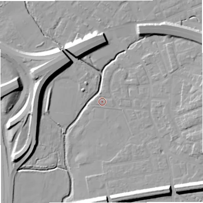 Shaded relief map of the ground around M308QQ, computed from Environment Agency LiDAR. The ground here sits at about 21 m above sea level and falls 13 m across the surrounding 800 m. Surface water reaching this point runs off ground lying to the east-south-east, 0.6 m higher.