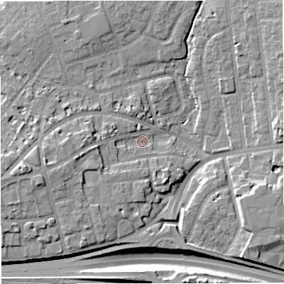 Shaded relief map of the ground around M309BA, computed from Environment Agency LiDAR. The ground here sits at about 35 m above sea level and falls 15 m across the surrounding 800 m. Surface water reaching this point runs off ground lying to the west-south-west, 9.9 m higher.