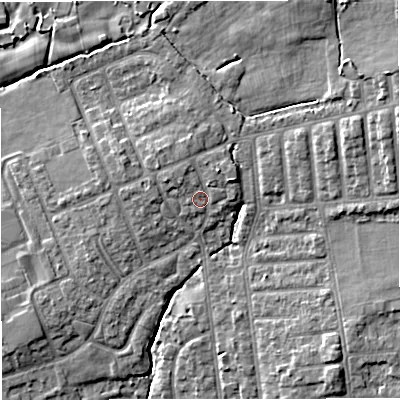Shaded relief map of the ground around M309DF, computed from Environment Agency LiDAR. The ground here sits at about 39 m above sea level and falls 12 m across the surrounding 800 m. Surface water reaching this point runs off ground lying to the north-west, 2.0 m higher.