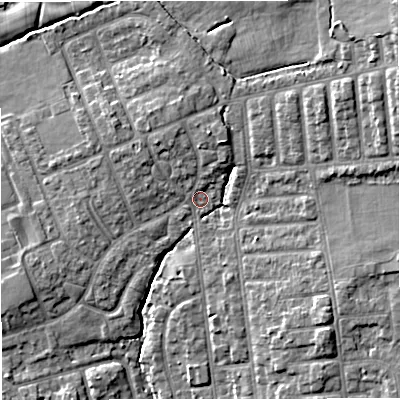 Shaded relief map of the ground around M309DQ, computed from Environment Agency LiDAR. The ground here sits at about 38 m above sea level and falls 13 m across the surrounding 800 m. Surface water reaching this point runs off ground lying to the north-north-west, 3.3 m higher.