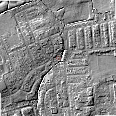 Shaded relief map of the ground around M309DT, computed from Environment Agency LiDAR. The ground here sits at about 38 m above sea level and falls 13 m across the surrounding 800 m. Surface water reaching this point runs off ground lying to the east-north-east, 9.2 m higher.