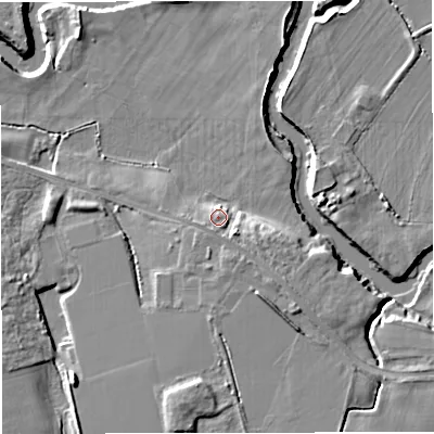Shaded relief map of the ground around M314AD, computed from Environment Agency LiDAR. The ground here sits at about 20 m above sea level and falls 11 m across the surrounding 800 m. Surface water reaching this point runs off ground lying to the south-east, 2.6 m higher.