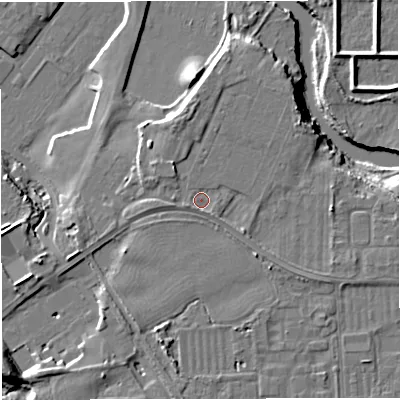 Shaded relief map of the ground around M314AY, computed from Environment Agency LiDAR. The ground here sits at about 18 m above sea level and falls 13 m across the surrounding 800 m. Surface water reaching this point runs off ground lying to the south-east, 1.4 m higher.