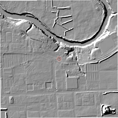 Shaded relief map of the ground around M314BD, computed from Environment Agency LiDAR. The ground here sits at about 18 m above sea level and falls 23 m across the surrounding 800 m. Surface water reaching this point runs off ground lying to the south-south-east, 1.2 m higher.