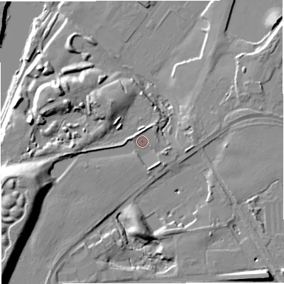 Shaded relief map of the ground around M314NW, computed from Environment Agency LiDAR. The ground here sits at about 17 m above sea level and falls 21 m across the surrounding 800 m. Surface water reaching this point runs off ground lying to the west-south-west, 11.1 m higher.