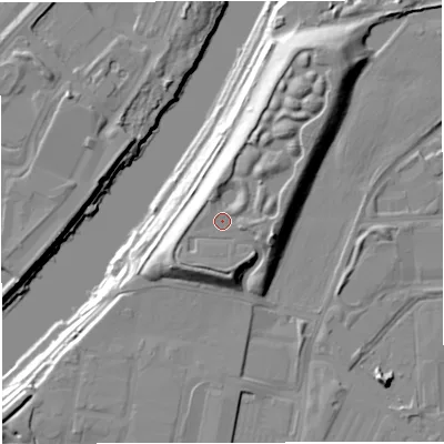 Shaded relief map of the ground around M314QN, computed from Environment Agency LiDAR. The ground here sits at about 26 m above sea level and falls 21 m across the surrounding 800 m. Surface water reaching this point runs off ground lying to the north-north-east, 4.4 m higher.