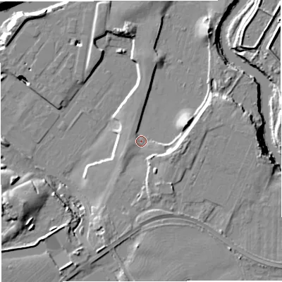Shaded relief map of the ground around M314QR, computed from Environment Agency LiDAR. The ground here sits at about 16 m above sea level and falls 14 m across the surrounding 800 m. Surface water reaching this point runs off ground lying to the south-south-east, 5.0 m higher.