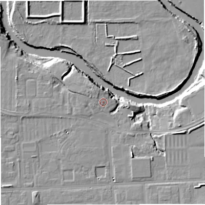 Shaded relief map of the ground around M314WY, computed from Environment Agency LiDAR. The ground here sits at about 19 m above sea level and falls 11 m across the surrounding 800 m. Surface water reaching this point runs off ground lying to the north-north-west, 2.1 m higher.