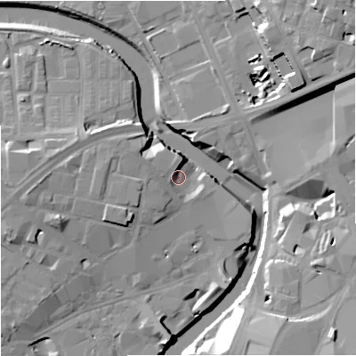 Shaded relief map of the ground around M31AA, computed from Environment Agency LiDAR. The ground here sits at about 27 m above sea level and falls 22 m across the surrounding 800 m. Surface water reaching this point runs off ground lying to the west-north-west, 4.4 m higher.