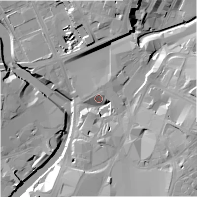 Shaded relief map of the ground around M31DA, computed from Environment Agency LiDAR. The ground here sits at about 31 m above sea level and falls 27 m across the surrounding 800 m. Surface water reaching this point runs off ground lying to the east-south-east, 17.7 m higher.