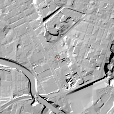 Shaded relief map of the ground around M31DQ, computed from Environment Agency LiDAR. The ground here sits at about 30 m above sea level and falls 29 m across the surrounding 800 m. Surface water reaching this point runs off ground lying to the east, 15.8 m higher.