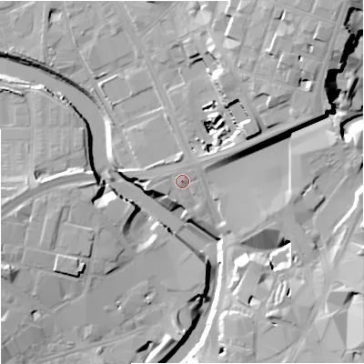 Shaded relief map of the ground around M31DY, computed from Environment Agency LiDAR. The ground here sits at about 30 m above sea level and falls 24 m across the surrounding 800 m. Surface water reaching this point runs off ground lying to the west-south-west, 1.8 m higher.