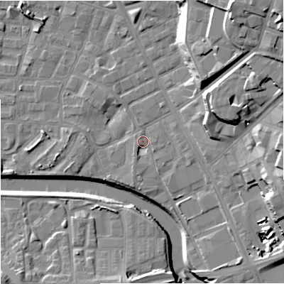 Shaded relief map of the ground around M31DZ, computed from Environment Agency LiDAR. The ground here sits at about 28 m above sea level and falls 28 m across the surrounding 800 m. Surface water reaching this point runs off ground lying to the south-south-west, 2.4 m higher.