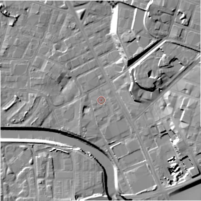 Shaded relief map of the ground around M31EE, computed from Environment Agency LiDAR. The ground here sits at about 28 m above sea level and falls 28 m across the surrounding 800 m. Surface water reaching this point runs off ground lying to the south-east, 1.3 m higher.