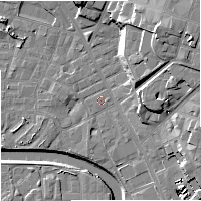 Shaded relief map of the ground around M31EF, computed from Environment Agency LiDAR. The ground here sits at about 27 m above sea level and falls 27 m across the surrounding 800 m. Surface water reaching this point runs off ground lying to the east-north-east, 17.2 m higher.