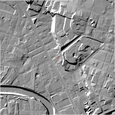 Shaded relief map of the ground around M31EG, computed from Environment Agency LiDAR. The ground here sits at about 29 m above sea level and falls 29 m across the surrounding 800 m. Surface water reaching this point runs off ground lying to the east-north-east, 21.6 m higher.