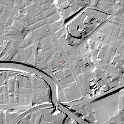 Shaded relief map of the ground around M31FB, computed from Environment Agency LiDAR. The ground here sits at about 28 m above sea level and falls 27 m across the surrounding 800 m. Surface water reaching this point runs off ground lying to the east-south-east, 0.8 m higher.