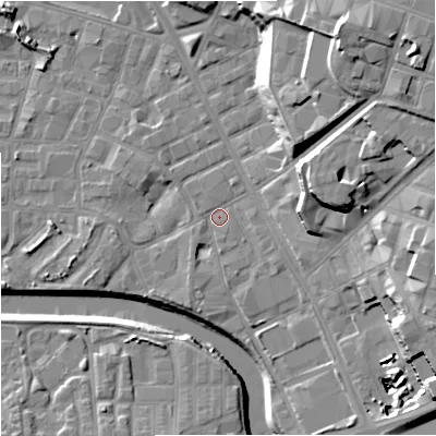Shaded relief map of the ground around M31FE, computed from Environment Agency LiDAR. The ground here sits at about 27 m above sea level and falls 27 m across the surrounding 800 m. Surface water reaching this point runs off ground lying to the east-north-east, 17.2 m higher.